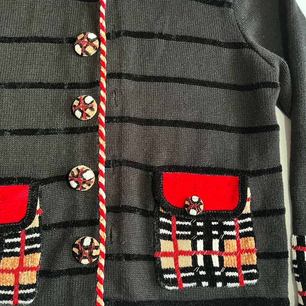 Vintage Jack B Quick Whimsical Retro Black Cardigan Candy Cane plaid multi trim - Picture 4 of 8